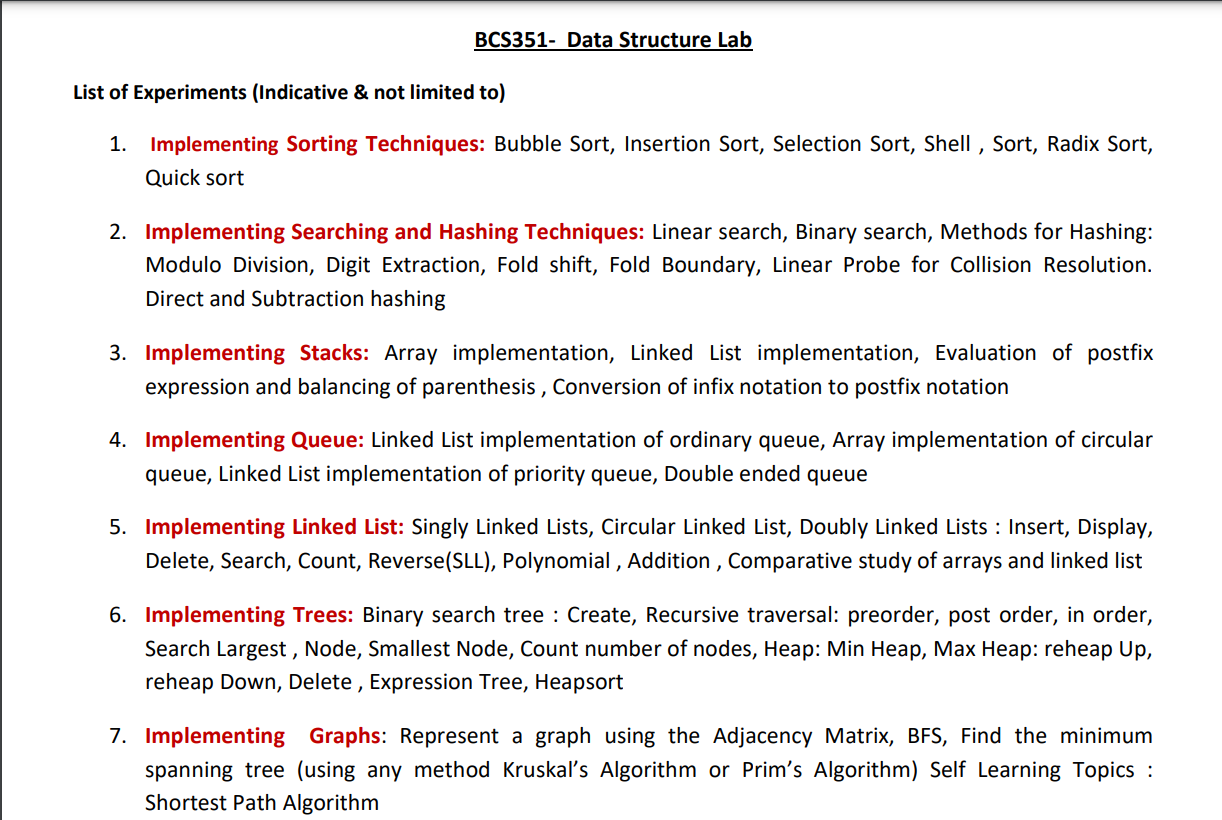 AKTU BCS-351 Data Structure Lab Syllabus